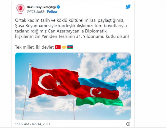 Türkiyə səfirliyi: “Əlaqələrimizi “Şuşa Bəyannaməsi” ilə taclandırdıq” 